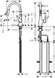 Hansgrohe Küchenmischer mit Ausziehbrause, 2-Strahl-Funktion, integrierter sBox. Technische Zeichnung zeigt Maße und Installationsdetails.
